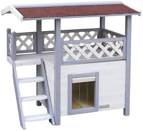 Kerbl Pet Katzenhaus Lodge Ontario, Katzenhütte, hellgrau, rot, 77x50x73cm, Spießtanne, Kunststoff, Katzen, wetterfest, zweistöckig