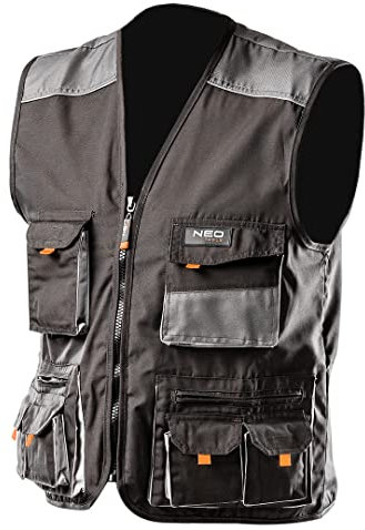 NEO TOOLS Weste Arbeitsweste Größen S-XXL | Grau/Schwarz, Arbeitsbekleidung Berufskleidung, Weste aus starkem Oxford-Stoff, Reflexionsweste (L)