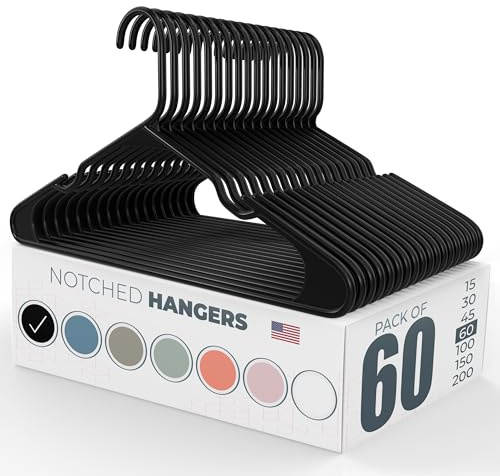 Neaties Plastic Hangers 50 Pack (60 Count) – Made in The USA – 6lb Capacity Standard Clothes Hangers with Notches and Reinforced Edges for Dresses, Lingerie, Shirts, Pants, and Jackets – Black
