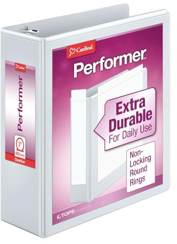 Cardinal 3 Ring Binder, 3 Inch Performer ClearVue Binder, Round Rings, 625-Sheet Capacity, Customizable ClearVue Covers, PVC-Free, White (67524)