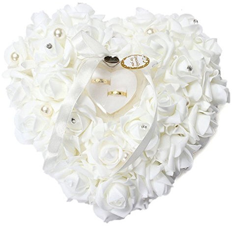 Mystery&Melody Romantische herzförmige weiße Rose Kissen Hochzeit Ehering Box Ringkissen mit eleganten Blumen Kissen Satin Ring (White)
