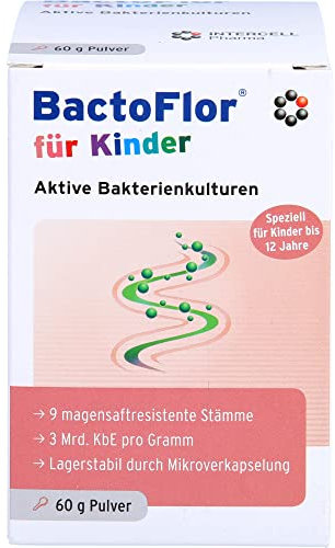 BactoFlor für Kinder - Probiotika Pulver für Darmkur (60g) - 9 Bakterienkulturen für den Darm - mit Lactobacillus reuteri (Milchsäurebakterien) - 3 Mrd. KBE je Gramm - geschmacksneutral glutenfrei
