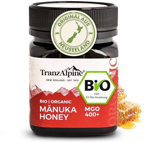 TranzAlpine Manuka Honig BIO-zertifiziert 250g - MGO 400+ - 100% reiner Premiumhonig aus Neuseeland - Laborgeprüft & Original-Imkerabfüllung