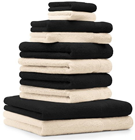 Betz 10-TLG. Handtuch-Set Premium 100% Baumwolle 2 Duschtücher 4 Handtücher 2 Gästetücher 2 Waschhandschuhe Farbe Schwarz & Beige