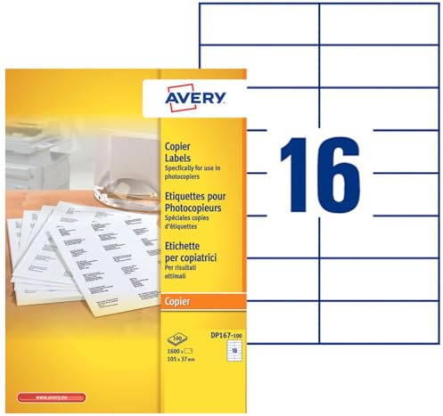 AVERY - Boite de 1600 étiquettes autocollantes multi-usages, Format 105 x 37 mm, Impression copieur, (DP167-100)