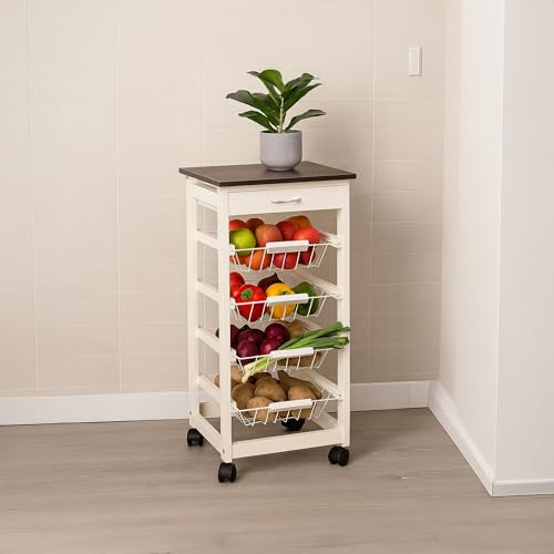 Carrello da cucina Chef Vida a 4 ripiani con cassetti, in legno di pino, bianco e nero, 81 x 37 x 37 cm