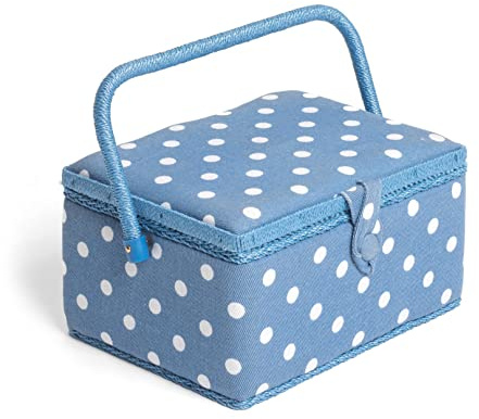 Hobby Gift Medium Sewing Box Organiser with Handle - Cotton Basket Sewing Storage Box, Craft Storage Boxes with Compartments for Tools & Accessories - 18.5 x 25.5 x 14.5cm, Denim Spot