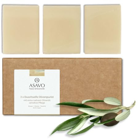 ASAVO Premium Olivenölseife, handgemachte BIO Seife mit extra-nativem Olivenöl, 100% Naturseife, Olivenseife ohne Parfümzusatz, vegan, 3x95g