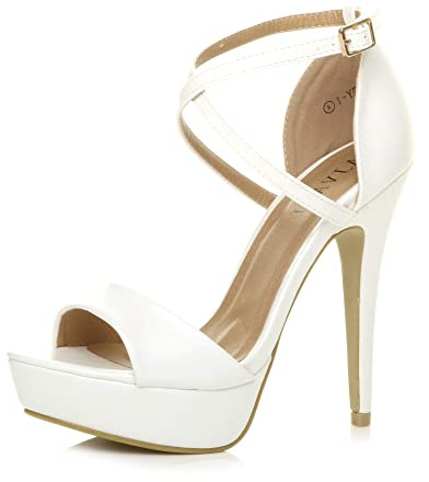 Ajvani Womens Ladies Platform high Heel Peeptoe Cross Over Strappy Shoes, 3 UK, White Matte