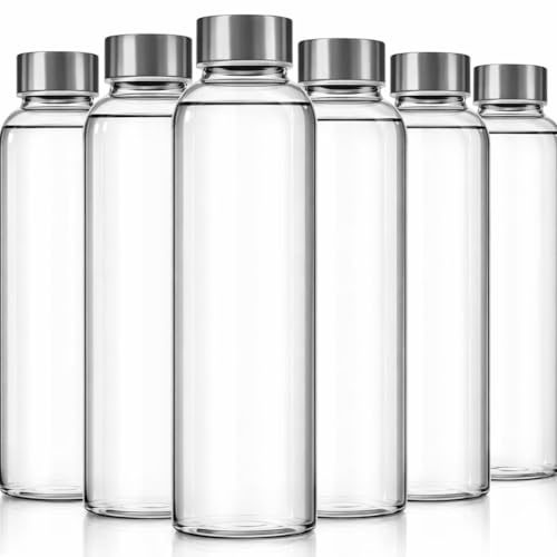 Epica Clear Glass Bottles with Lids 18oz Water Bottles, Steel Cap, 6-Pack