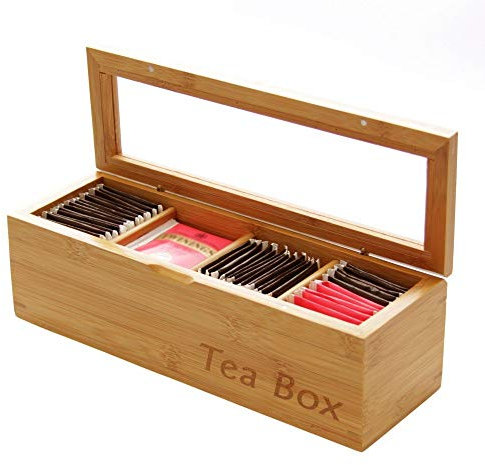 Woodquail Tea Box Caddy Storage Organiser, Made of Natural Bamboo (4 Compartments)