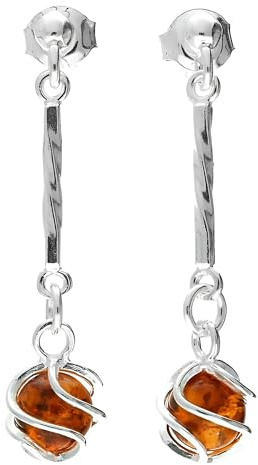 Boucles d'oreilles pendantes pendantes en ambre de cognac - Pour femme/adolescente/fille - Argent sterling 925 - 8 mm x 32 mm - Poids : 2 g