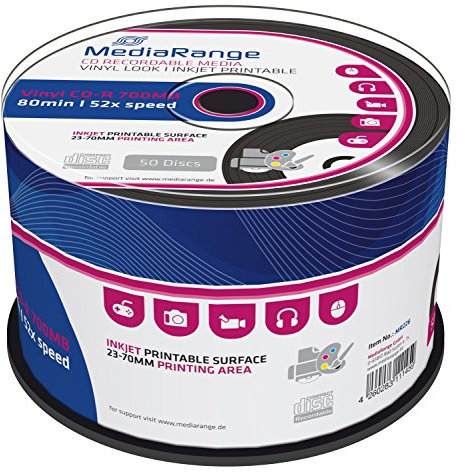 MediaRange Vinyl CD-R 700MB|80min 52-fache Schreibgeschwindigkeit, bedruckbar (Tintenstrahldrucker), Schwarze Schreibseite, 50er Cakebox