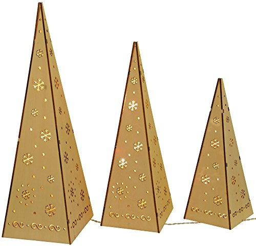 WeRChristmas Wooden Pyramid Christmas Trees with Warm White LED Lights Decoration - Multi-Colour, Set of 3
