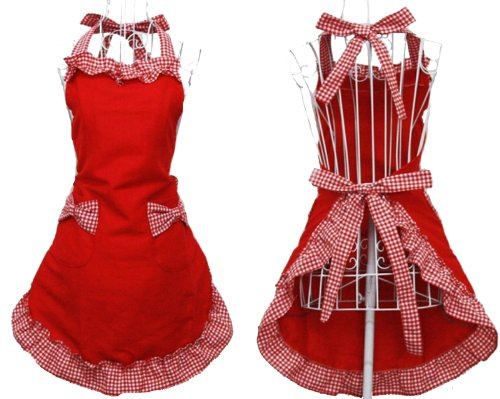 Hyzrz Cute Fashion Cotton Red Aprons for Women Girls Vintage Cooking Retro Apron with Pockets for Mother's day Gift