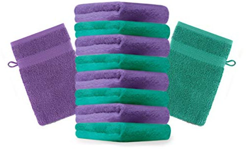 Betz 10 Stück Waschhandschuhe Premium 100% Baumwolle Waschlappen Set 16x21 cm Farbe smaragdgrün und lila