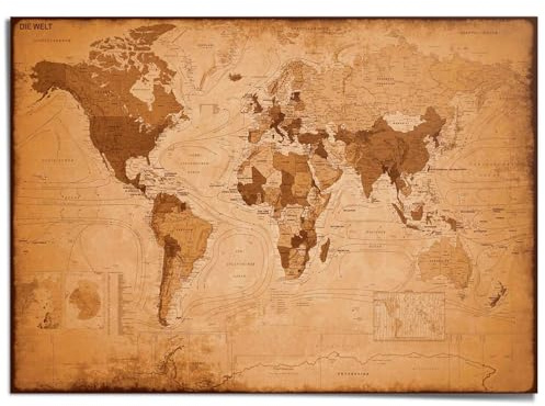 REINDERS Giant Poster XXL, Weltkarte Antik, Home Office, Vintage, Deko aesthetic, Bilder, Wanddeko, Room Decor, Papier, Braun, 140 x 100 cm