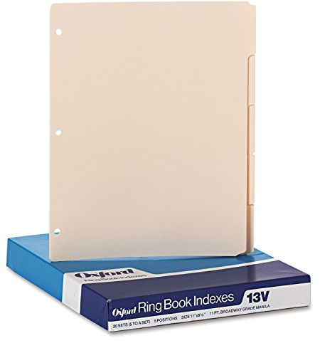 Oxford Blank Write-On Binder Dividers, 5-Tab, 1/5 Cut, 3-Hole Punched, Letter Size, Manila, 20 Sets Per Box (13V) - Cream
