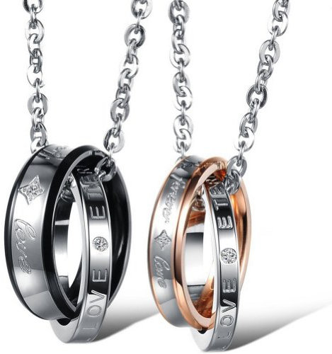 JewelryWe Paar Kette Edelstahl Freundschaftskette: 2 Partnerketten Pärchen Halskette Ringe Anhänger mit Gravur Forever Love Valentinstag Lieben Geschenk für Damen Herren Schwarz Rosegold Silber