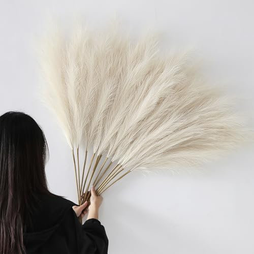YiYa 12 Pcs Pampas Secas Decoracion Grandes 113 Cm Pampas Esponjosos Hierba Artificial de Pampa para Wedding Sala De Estar, Hogar, Piso, Jarrón, Decoración Boho(Beige)