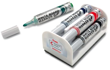Pentel Maxiflo Brosse pour tableau blanc + 4 Marqueurs à pointe conique large Noir/Bleu/Rouge/Vert