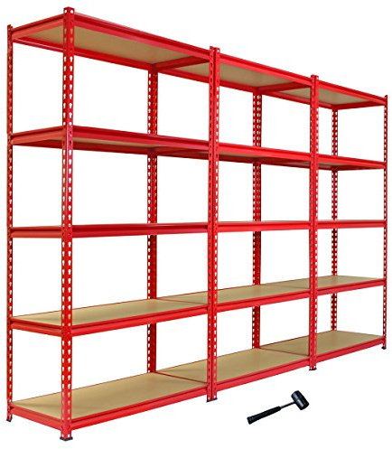 3 Estanterías Rojas Metalicas Z-Rax Sin Tornillos 90x45x183cm 5 Estantes (Capacidad de Peso por Estante 360kg) Almacenamiento Almacenaje Herramientas Taller Garaje Industrial con Mazo de Goma GRATIS