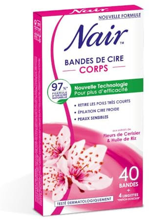 NAIR - Strisce di cera fredda corpo con estratti di fiori di ciliegio e olio di riso, 97% di origine naturale, 40 strisce + 4 salviettine finitura delicata