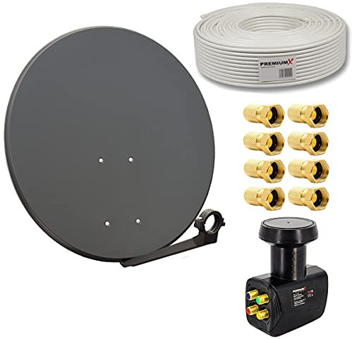 PremiumX Satelliten-Komplettanlage 80cm Satellitenschüssel Anthrazit SAT Quad LNB 50m Kabel 8X F-Stecker für 4 Teilnehmer