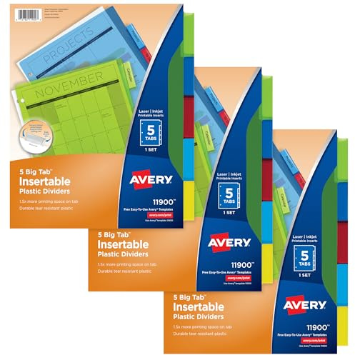 Avery Dividers for 3 Ring Binders, 5-Tab Plastic Binder Dividers, Insertable Big Tabs, Multicolor (3 Sets of 11900)
