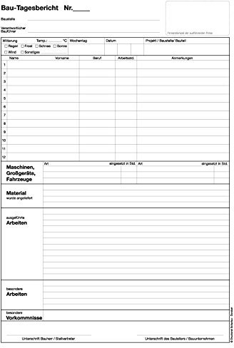 1x Bau-Tagesbericht, Baubericht DIN A4, 3-fach selbstdurchschreibend, 3x30 Blatt weiß/grün/gelb - gelocht (22205)
