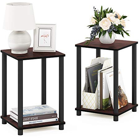 Furinno TURN-N-TUBE Side Table Set of 2, 2-Tier Stackable End Table with Open Shelf, Toolless Night Stand, Bedside Table, for Living Room, Bedroom, Dark Cherry