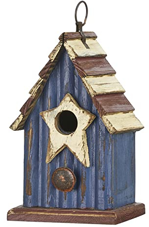Glitzhome 9 H Patriotic Wooden Bird House, Hanging Birdhouses for Outdoors, Distressed Solid Wood Cottage Design with 3D Star, Garden Birdhouse for Bluebird Hummingbird Wren Finch Cardinals Cedar