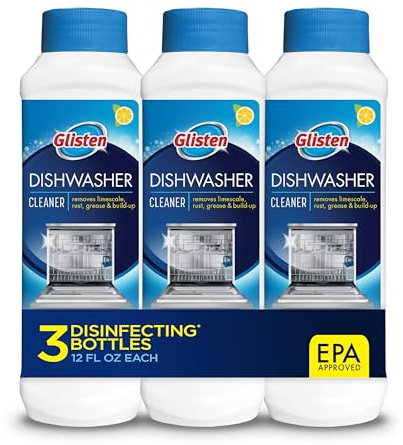 Glisten Dishwasher Cleaner, Removes Limescale, Rust, Buildup, and Grease, Lemon Scent, Made in the USA, 12 Ounce Bottle, 3-Pack
