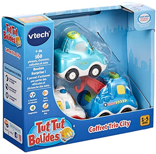 VTech - Tut Tut Bolides, Coffret Trio City, 3 Voitures Interactives, Berline, Dépanneuse et Ambulance, Jouet Musical et Sonore, Cadeau Enfant de 1 an à 5 Ans - Contenu en Français