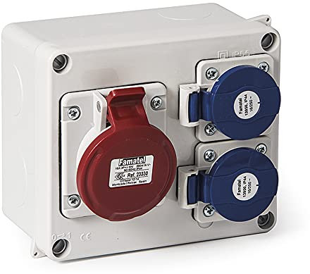 FAMATEL - Wasserdichte Abzweigdose IP44 | 2 Steckdosen 2P+TTL mit 16A und 250V | 1 Steckdose 3P+T mit 16A und 380V | Rot und Blau