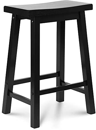PJ Wood 24 Inch Single A Frame Classic and Modern Comfortable Wooden Bar Stool Saddle Seat with Built in Bars as Footrests, Black