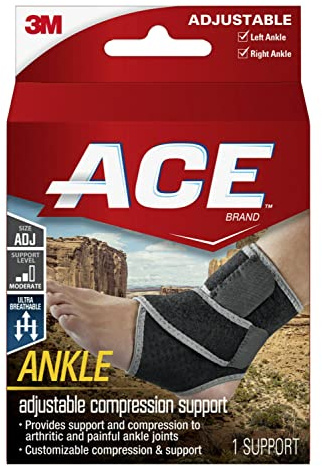 ACE Brand Adjustable Compression Ankle Support, Moderate Support for Weak, Sore or Injured Joints, Adjustable Straps, One Size Fits Most