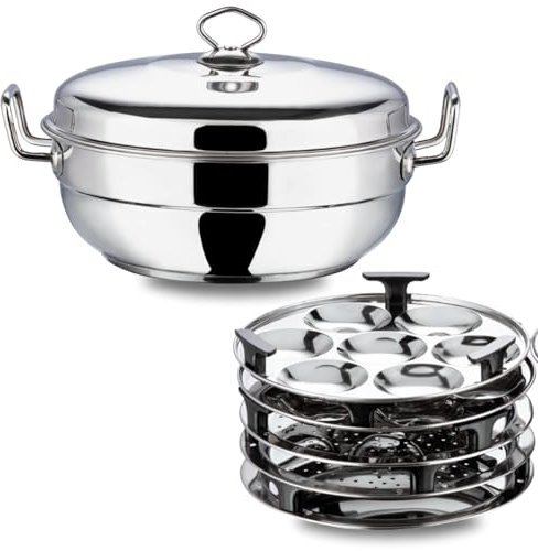 Vinod Stainless Steel 6 pcs Multi Kadai (Induction Friendly) with Stainless Steel lid, 2 idli Plates, 2 dhokla Plates and 1 patra Plate