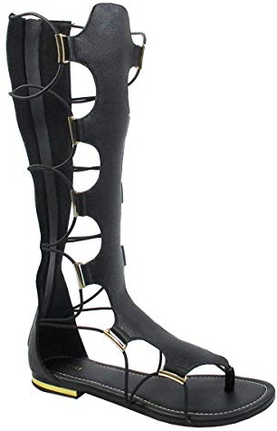 YOKI Women's Anya-50 Knee-High Gladiator Thong Sandals,Black,9