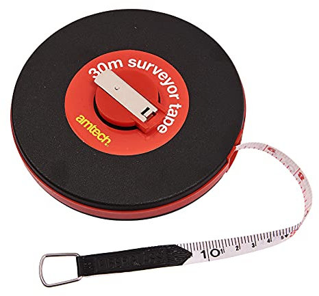 Amtech - Fibreglass Tape Measure, Surveyors Tape Measure with Dual Metric and Imperial Measurements, Durable, Suitable for Outdoors, Ergonomic Casing, Metal Ring for Quick Attachment (30m)