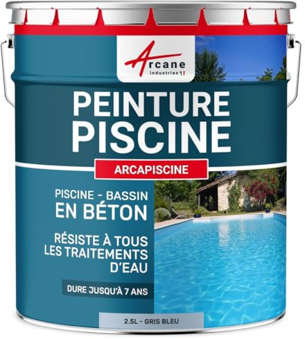 Peinture piscine, bassin béton, ciment, décoration, imperméable, bleu, blanc, gris, grise, jaune sable, noir, vert : Arcapiscine - 2.5 L Gris Proche - RAL 7040 (teinte gris bleu) - ARCANE INDUSTRIES