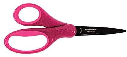 Fiskars Tijeras escolares, A partir de los 10 años, Longitud 15 cm, para diestros y zurdos, Hoja de acero inoxidable/Mangos de plástico, Rosa Purpurina, 1023915