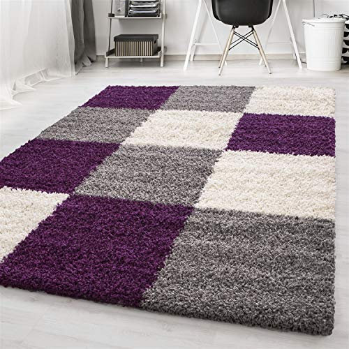 Ayyildiz Teppich-Hochflor Shaggy Teppich Karo Muster Wohnzimmer,Polypropylen, Lila, 60 X 110, LIFE601101501LILA