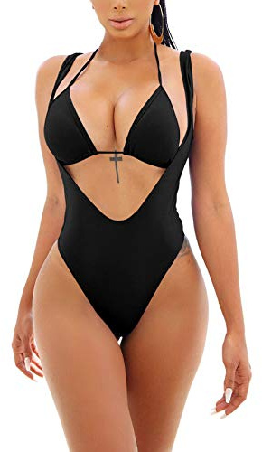 Viottiset Women's Halter Sex Two Piece Swimsuit Brazilian Bikini Monokini Black Large