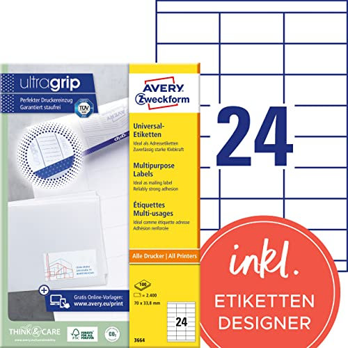 AVERY Zweckform 3664 Adressaufkleber (2.400 Klebeetiketten, 70x33,8mm auf A4, Papier matt, individuell bedruckbare Absenderetiketten, selbstklebende Adressetiketten mit ultragrip) 100 Blatt, weiß