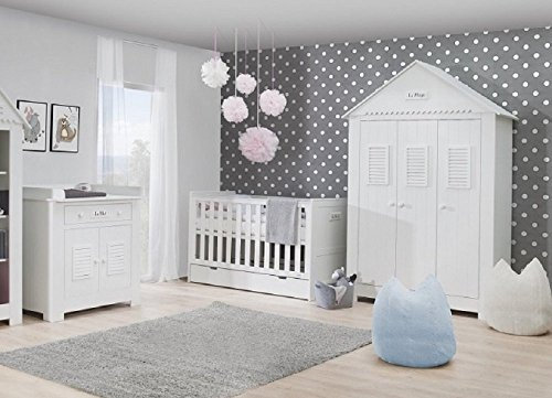 QMM TraumMoebel Babyzimmer Kinderzimmer Saint-Tropez weiß MDF, Komplettset C, Bett Schrank Kommode
