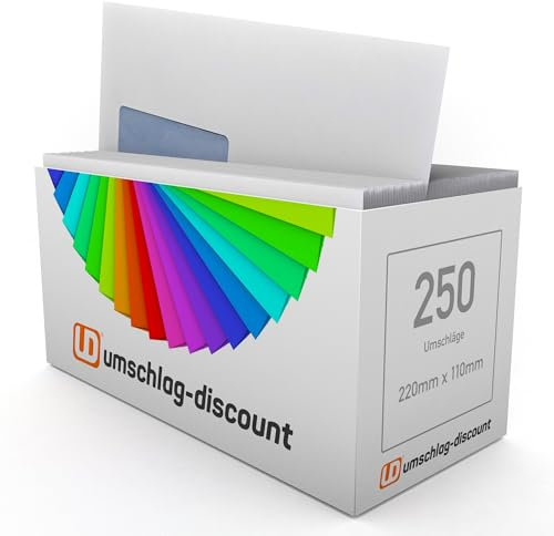 umschlag-discount - 250 Briefumschläge mit Fenster, DIN lang = 220 x 110 mm, mit Laser bedruckbar, Geschäftsumschläge, Fensterumschläge, in Berlin fair verpackt