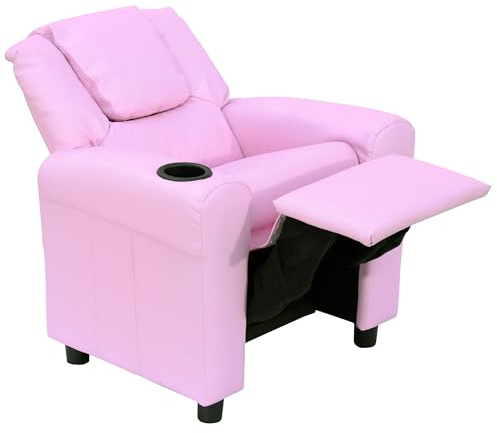 HOMCOM Kids Recliner, PU Leather Kids Armchair, Child Chair, Toddler Armchair with Adjustable Backrest, Footrest, Padded Headrest, Cup Holder, Pink