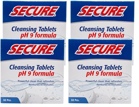 Secure Daily Cleansing Tablets - pH 9 Formula Thoroughly Cleans Dentures - Fights Odors, Stains & Germs - For Dentures, Nightguards, Retainers & Partials - 32 Tablets (4 Pack)