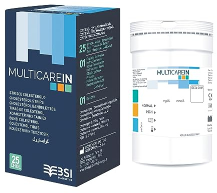 Multicare IN - Tiras de colesterol, con 1 chip, 25 piezas, para una medición segura y fiable del nivel de colesterol en sangre, 24159